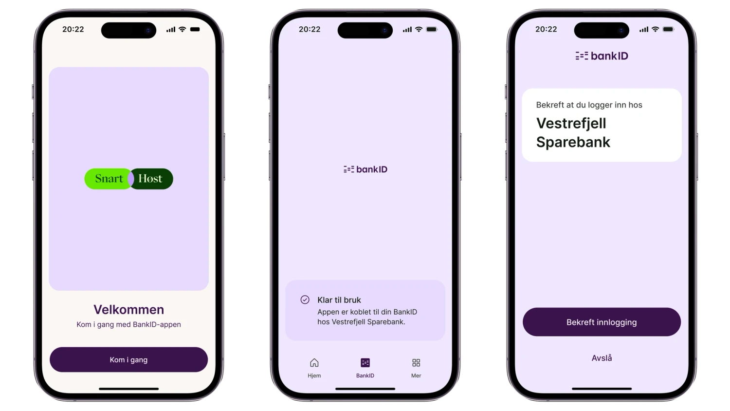 Bildet viser tre skjermbilder av den nye BankID-appen med ny fargepalett.