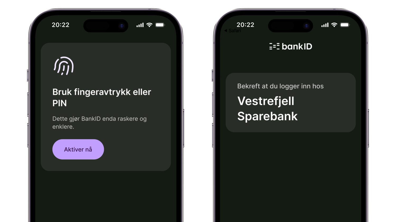 Viser to mobilskjermer med BankID-appen i mørk modus